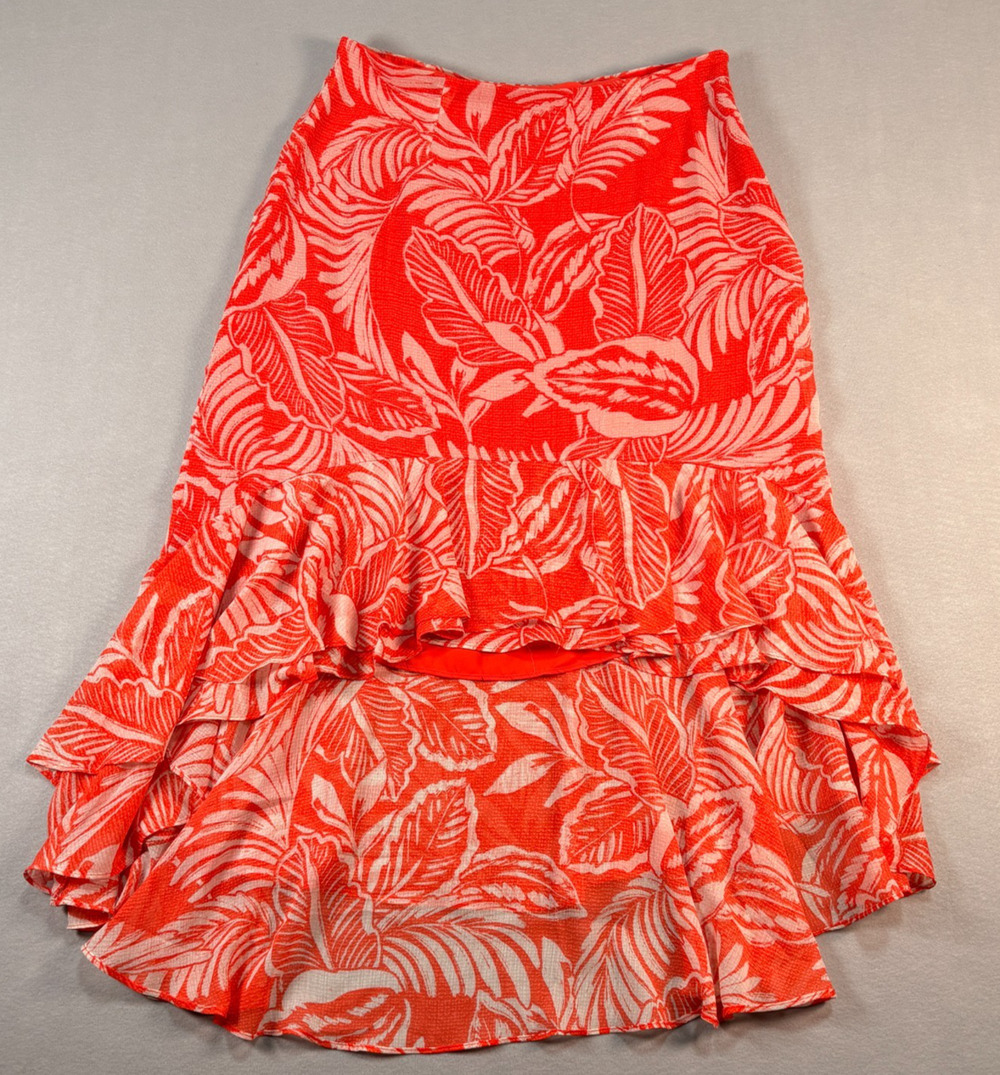 CeCe Coral Tropical Leaf Ruffle High-Low Midi Skirt 12